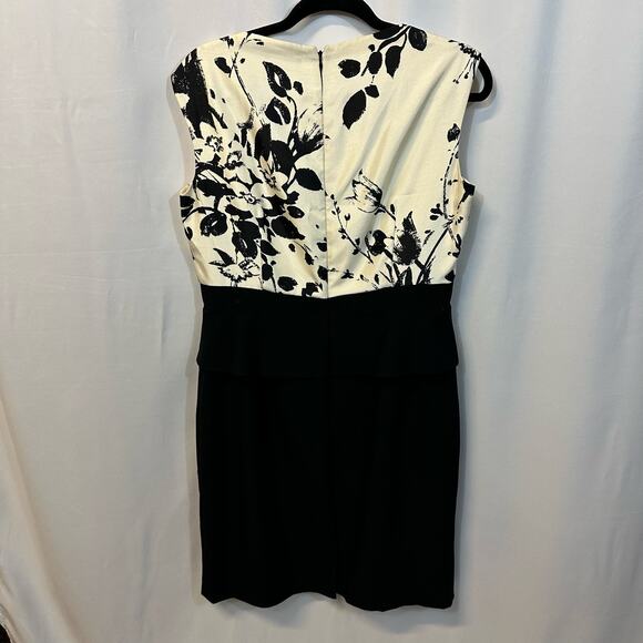Tahari Black White Floral Peplum Waist Square Neckline Knee Length Dress 12 - Picture 3 of 6